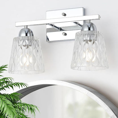 Mecgirn Stainless Steel Bathroom Vanity Light Over Mirror, 2 Light Polished Chrome Bathroom Light Fixtures with Textured Glass Shades, Modern Vanity Lighting Wall Mount