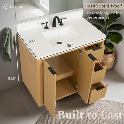 Lavanti Wooderna 36 Inch Bathroom Vanity with Sink – Stylish Firwood Oak Vanity Bathroom with Storage Cabinet – Modern Bathroom Vanities with Single Vanity Sink & Quartz Countertop