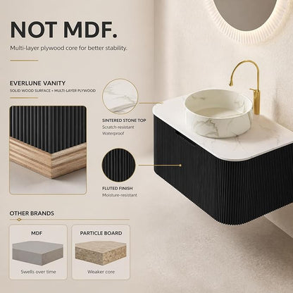 30 Inch Bathroom Vanity with Sink, Floating Wall Mounted Single Sink Vanity, Black Curved Fluted Front, Stone Top, Marble-Look Round Vessel Basin, Pre-Assembled