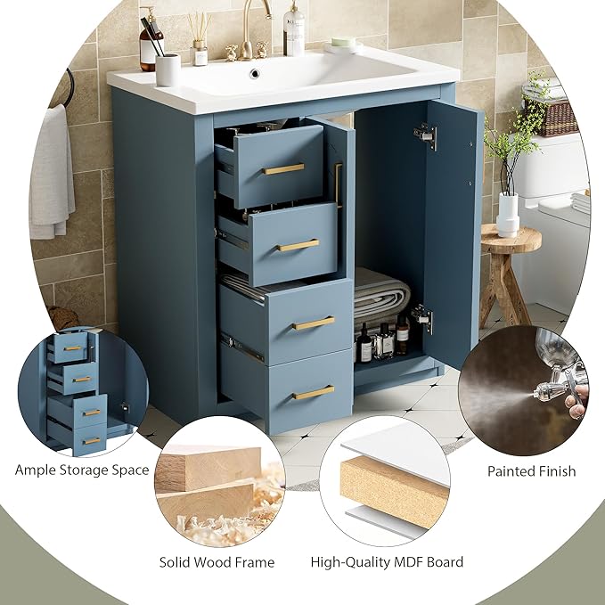 Merax Herringbone Single Sink Bathroom Vanity, Freestanding 30" Modern Bathroom Vanity Storage Cabinet with 3 Drawers and 2 Doors, Solid Wood Frame