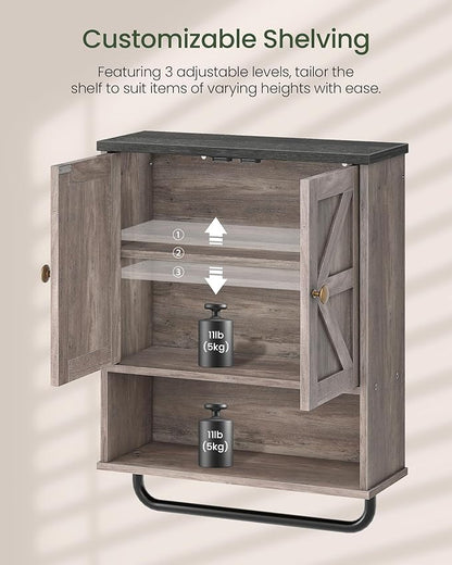 Bathroom Wall Cabinet, Medicine Cabinet with Open Partition and Towel Bar, Rustic Storage Cabinet with Open and Hidden Storage Space, for Bathroom, Living Room, Greige and Charcoal Black