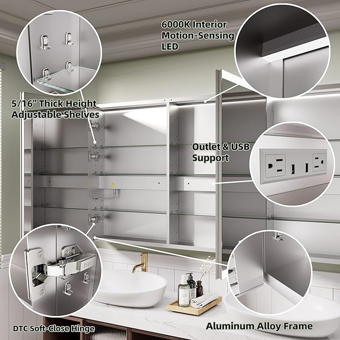 Recessed Medicine Cabinet with Mirror 48 x 30 Inch Led Medicine Cabinet for Bathroom Wall Mount Lighted Medicine Cabinet with Storage, 3 Colour Lights Dimmable Defog, Time/Temp Display