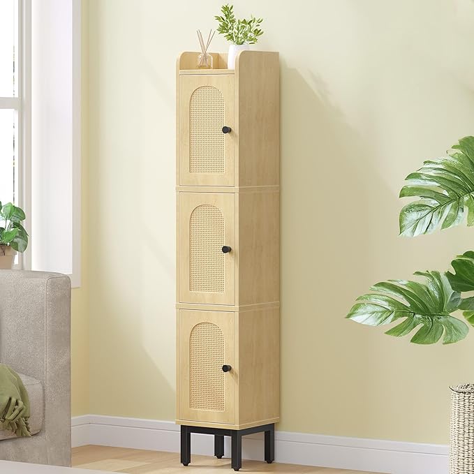 Slim Bathroom Storage Cabinet, Narrow Bathroom Organizers and Storage with 4 Adjustable Feet, Laundry Room Organization for Small Space, Kitchen, Living Room, 3 Doors Rattan Yellow BC22302Y