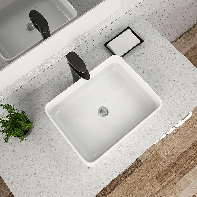 Dcolora 19" x 15" Rectangular Bathroom Vessel Sink, White Ceramic Porcelain Above Counter Vanity Basin, Modern Rectangle Sink for Bathroom