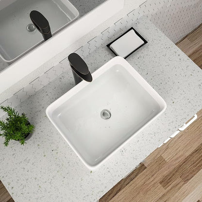 Dcolora 19" x 15" Rectangular Bathroom Vessel Sink, White Ceramic Porcelain Above Counter Vanity Basin, Modern Rectangle Sink for Bathroom