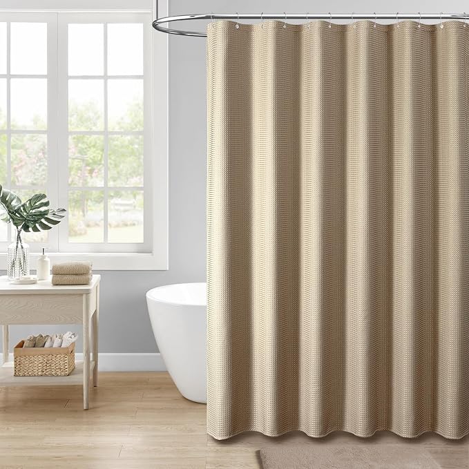 Extra Long Waffle Shower Curtain 256 GSM Fabric 72x90 Beige/Khaki | 90 Inch Tall, Thick Cloth, Weighted Hem, Water Repellent, Hotel Luxury Polyester Shower Curtain Set for Bathroom 12 Hooks