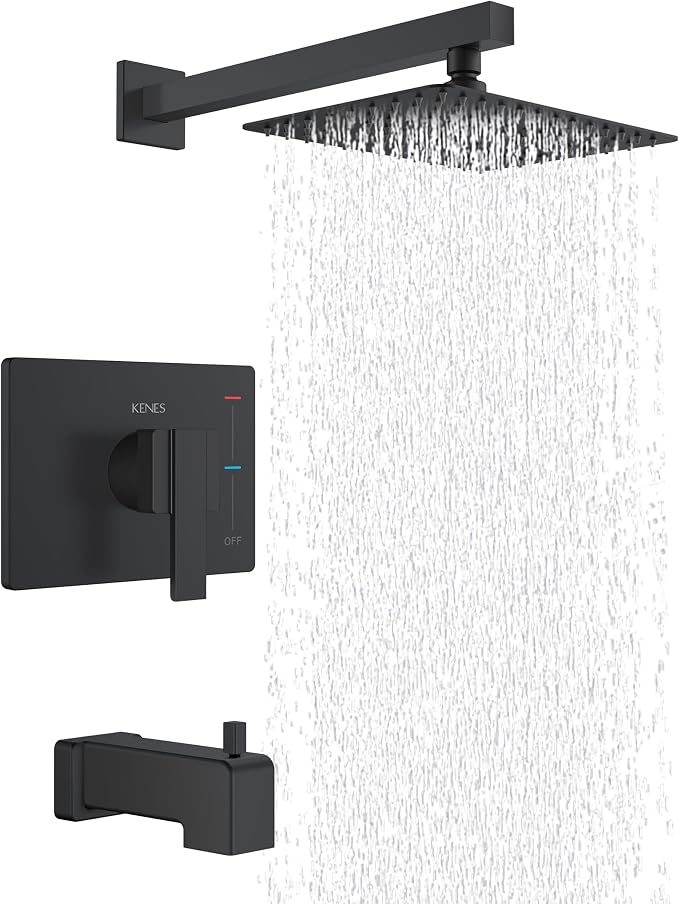 KENES Matte Black Shower Set with Tub Faucet, Square Tub Shower Trim Kit | Shower Faucet with 10-Inch Rain Shower Head, Square Shower System, Valve Included, Lead-Free cUPC & NSF Certified, Stainless