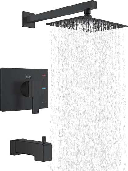 KENES Matte Black Shower Set with Tub Faucet, Square Tub Shower Trim Kit | Shower Faucet with 10-Inch Rain Shower Head, Square Shower System, Valve Included, Lead-Free cUPC & NSF Certified, Stainless