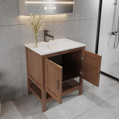 36" Natural Wood Bathroom Vanity Base Only – Freestanding Solid Wood Sink Cabinet with Open Shelf, Shaker Style Storage, No Top or Sink, 36" W x 21" D x 34.5" H