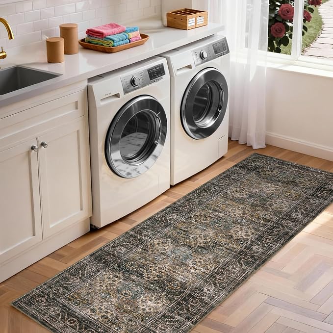 Washable Floral 2x6 Kitchen Rugs, Vintage Distressed Print Non Slip Hallway Runner, Retro Accent Ultra Thin Low Pile Throw Carpet for Entryway Bedroom Laundry Bathroom, Yellow Taupe