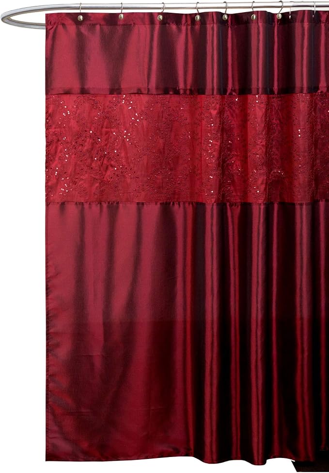 Lush Decor Maria Shower Curtain | Fabric Shimmery Solid Color Design for Bathroom, 72” x 72”, Red