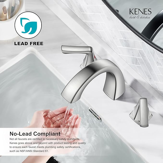 KENES Bathroom Faucets for Sink 3 Hole, Brushed Nickel 2 Handle 8 Inch Widespread Bathroom Faucet, Bathroom Vanity Faucet with Pop Up Drain & Supply Lines, LJ-9075