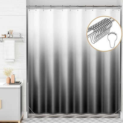 AmazerBath Shower Curtain, Cloth Ombre Black Shower Curtain Set with 12 Hooks, Washable Fabric Black and White Shower Curtain, Rustic Farmhouse Bathroom Shower Curtain, 72x72 Inches