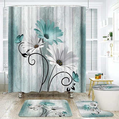 Onalasyc 4PCS Teal Daisy Floral Bathroom Sets with Shower Curtain and Rugs | Country Floral Butterfly Shower Curtain Set,Modern Bathroom Decor Shower Curtains Set with Rugs Toilet Lid Cover and 12 Hooks