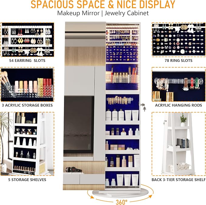360° Swivel Jewelry Mirror Cabinet with Lights, Standing Jewelry Armoire Organizer, 63" Rotatable Full-Length Mirror with Jewelry Storage, Lockable with Back Storage Shelve, White | 360° Swivel Mirror with Storage, Lockable Jewelry Armoire Organizer wi...