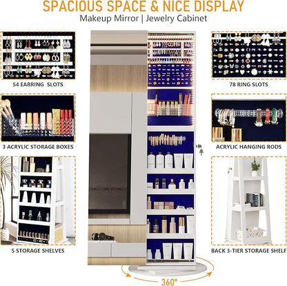360° Swivel Jewelry Mirror Cabinet with Lights, Standing Jewelry Armoire Organizer, 63" Rotatable Full-Length Mirror with Jewelry Storage, Lockable with Back Storage Shelve, White | 360° Swivel Mirror with Storage, Lockable Jewelry Armoire Organizer wi...