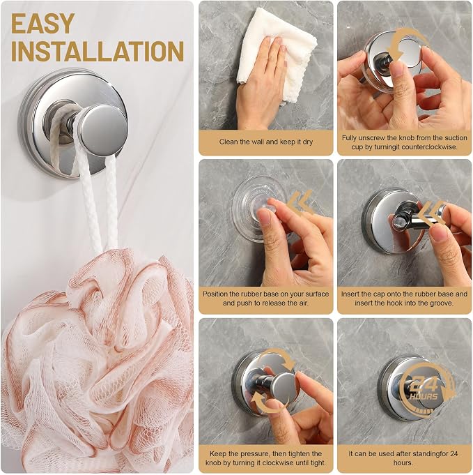 Suction Cup Hooks for Shower No-Drill Bathroom Hooks for Towels, Robes, Loofah Mountable on Bathroom Walls, Kitchen, Glass, Mirrors, Tile and Smooth,Non-Porous Surfaces (4, Chrome Polished)