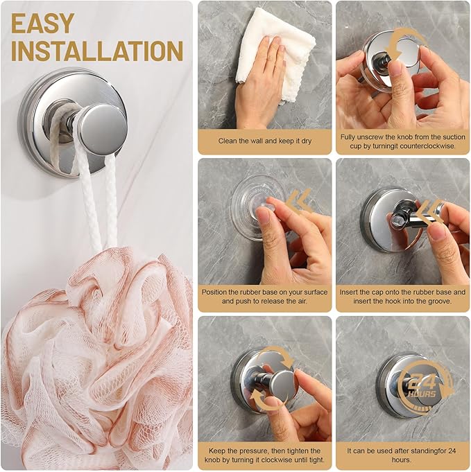 Large Suction Cup Hooks, Heavy Duty 15lb Holds Towel & Robe, No-Drill Shower Bathroom Hooks for Tile Wall Glass Mirror, Mounts on Smooth Non-Porous Surfaces (2 Pack, Chrome Polished)