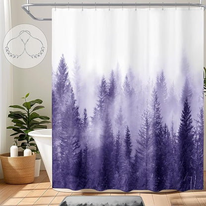 ORTIGIA Purple Misty Forest Shower Curtain for Bathroom, Nature Woodland Shower Curtain Set with Hooks, Decorative Pine Tree Fog Magic Bath Curtain for Home, Waterproof Fabric, Weighted, 72x72