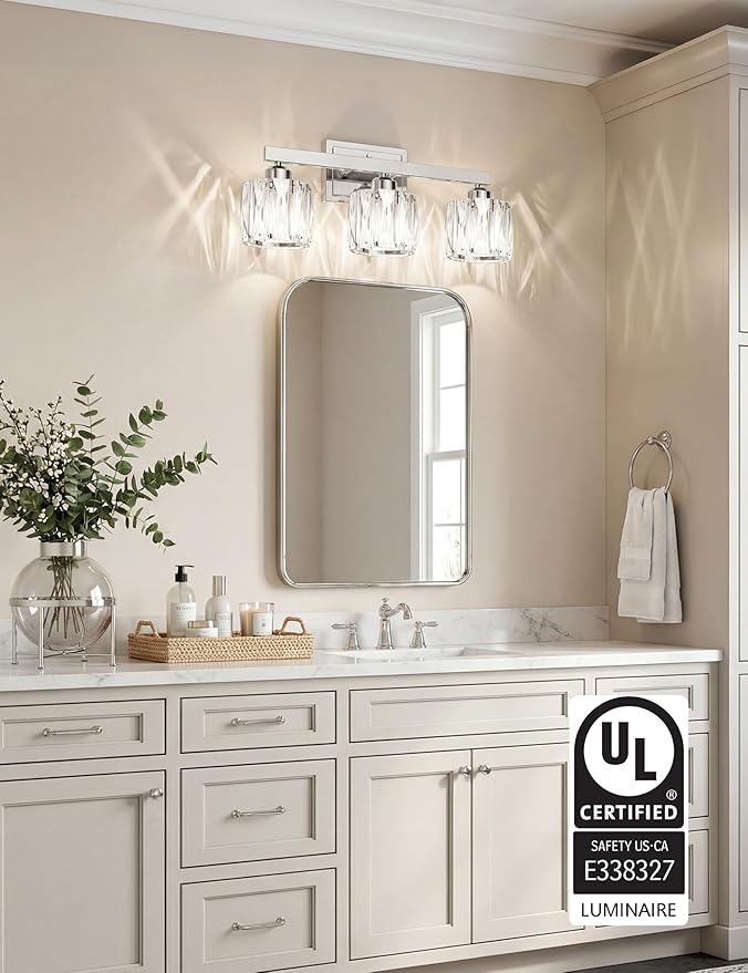 VOLISUN Crystal Vanity Lights for Bathroom, 3 Light Bathroom Vanity Light, Modern Stainless Steel Bathrooms Lights Over Mirror, Chrome Bathrooms Lights Fixtures-UL Certificated(Exclude Bulb)