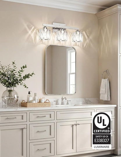 VOLISUN Crystal Vanity Lights for Bathroom, 3 Light Bathroom Vanity Light, Modern Stainless Steel Bathrooms Lights Over Mirror, Chrome Bathrooms Lights Fixtures-UL Certificated(Exclude Bulb)