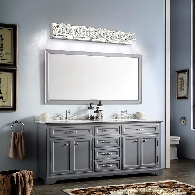 Modern Vanity Lights for Bathroom - Crystal 5 Light Bathroom Vanity Lights - Chrome LED Bath Lighting Fixtures