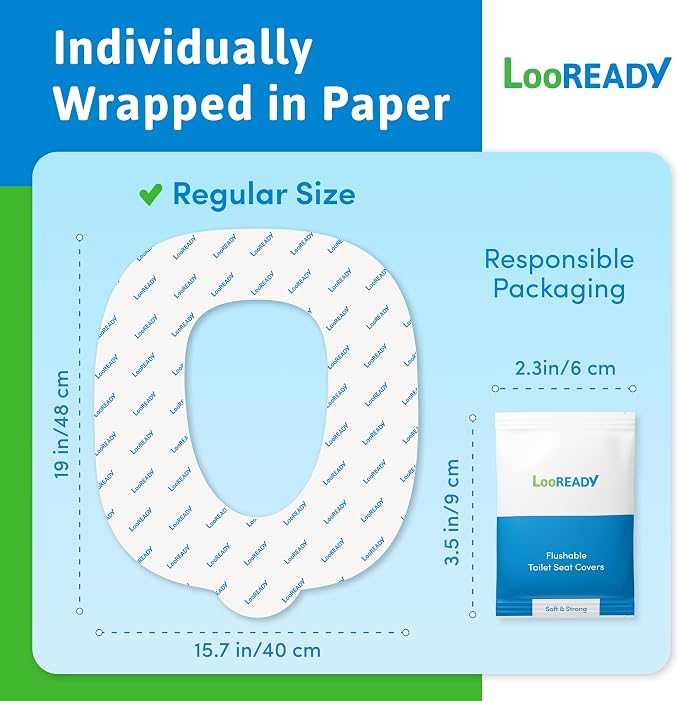 Toilet Seat Covers Disposable Flushable - Regular Size (16x19”) - Travel Size Individually Wrapped, Soft & Strong, Pocket Size, for Public Restrooms at the Office, for Commuters or Holiday (10 Pack)