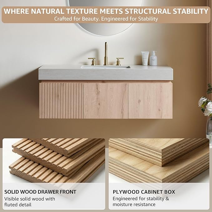 48” Floating Bathroom Vanity with Sink, Wall-Mounted Cabinet with Drawer & Doors, Roma Travertine-Pattern Countertop, Undermount Basin, 3 Faucet Hole, Soft-Close, Pre-Assembled, Light Oak