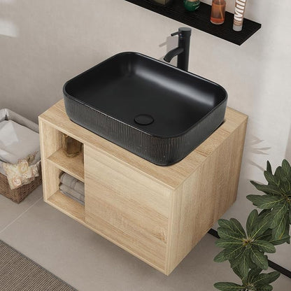 YOURLITE 24" Floating Bathroom Vanity, Wall-Mounted Bathroom Vanity and Sink Combo with Mirror and Faucet & Pop Up Drain Set, Black Vessel Sink