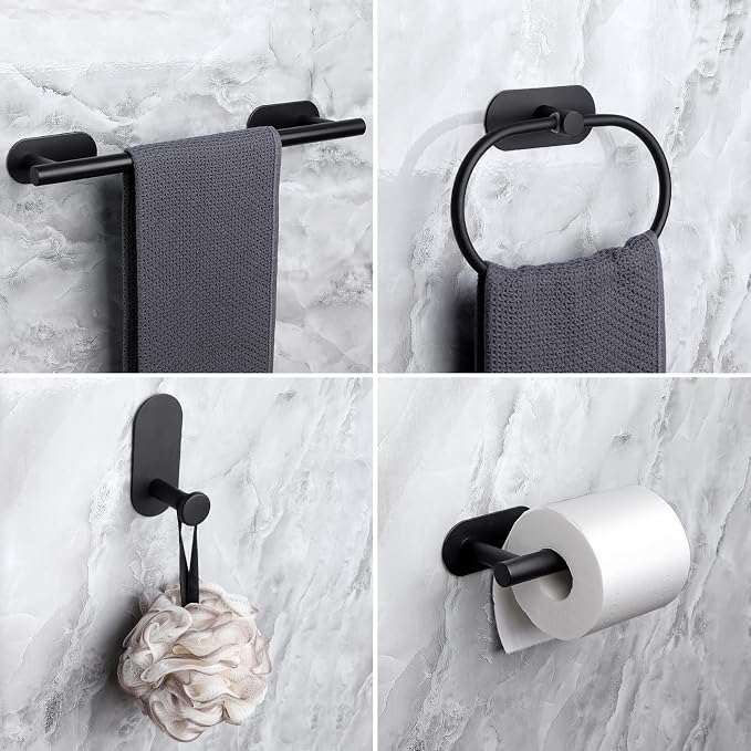 JiGiU Self Adhesive Towel Bar, Wall Mount No Drill Bathroom Hardware Set | With 16" Bath Towel Bar,Toilet Paper Holder Towel Ring & 3-Pack Towel Hooks Stainless Steel Sticky on Towel Holder Kit-Black