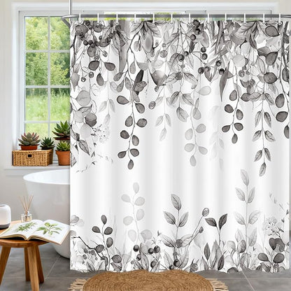 Black and White Eucalyptus Shower Curtain, Gray Watercolor Plants Foliage Floral Bathroom Curtains, Simple Botanical Leaves Waterproof Fabric Cloth Shower Curtain Set with Hooks 60X72 Inch