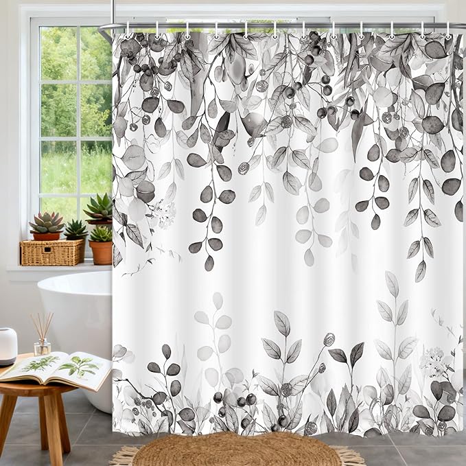 Extra Long Gray Eucalyptus Shower Curtain 72X84 Inch, Black and White Watercolor Plants Leaves Bathroom Curtains, Botanical Foliage Waterproof Fabric Cloth Shower Curtain Set with Hooks