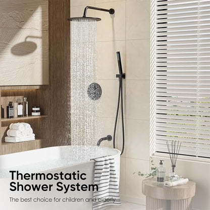 Gabrylly 10" Thermostatic Shower Faucets Set with Tub Spout, Matte Black | All Metal Shower System, Rain Shower Head with Handheld Spray Combo, Luxury Bathroom Rainfall Shower Head Set With Valve