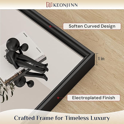 Keonjinn 16 x 20 Inch Small Stainless Steel Framed Mirror, Matte Black Bathroom Mirrors for Over Sink, Anti-Rust, Curved Edge, Shatter-Proof Tempered Glass, Square Rectangle Bathroom Vanity Mirror