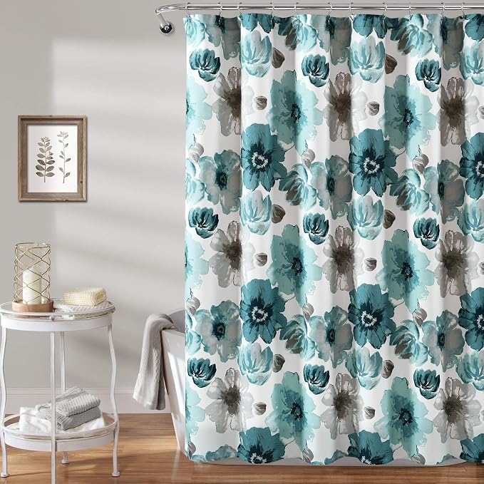 Lush Decor Leah Floral Shower Curtain, 72" W x 72" L, Blue - Fabric Shower Curtains - Watercolor Botanical Bathroom Curtain - Farmhouse & French Country Decor