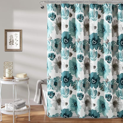 Lush Decor Leah Floral Shower Curtain, 72" W x 72" L, Blue - Fabric Shower Curtains - Watercolor Botanical Bathroom Curtain - Farmhouse & French Country Decor