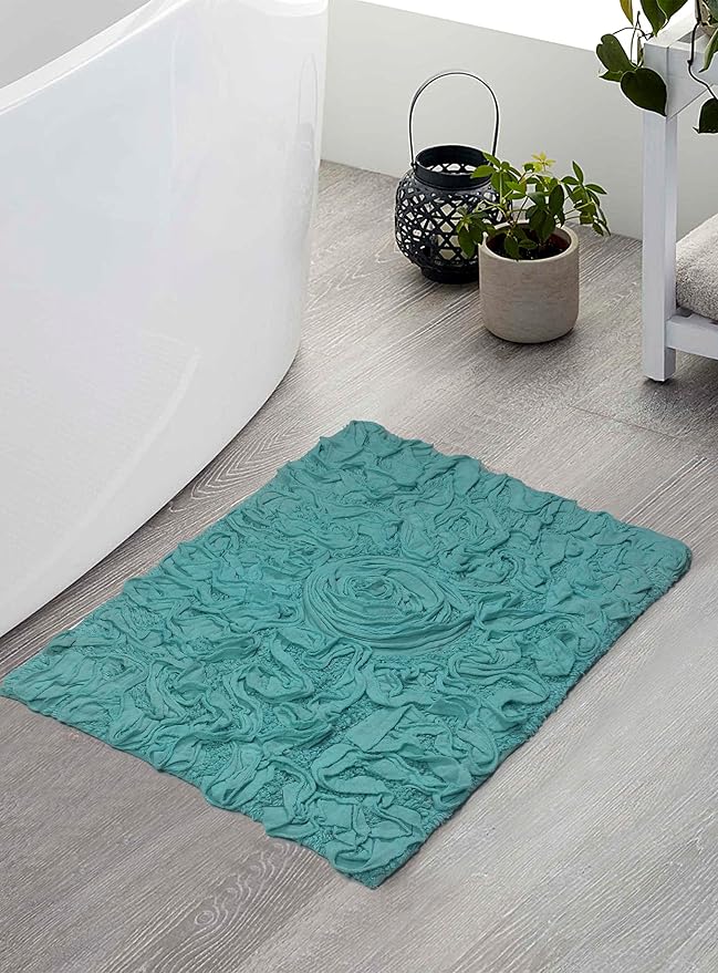 Home Weavers Bell Flower Collection 100% Cotton Tufted Bath Rugs, Extra Soft and Absorbent Bath Rugs, Non-Slip Bath Mats, Machine Washable, Bathroom Bath Mats for Floor, 17"x24" Rectangle, Turquoise