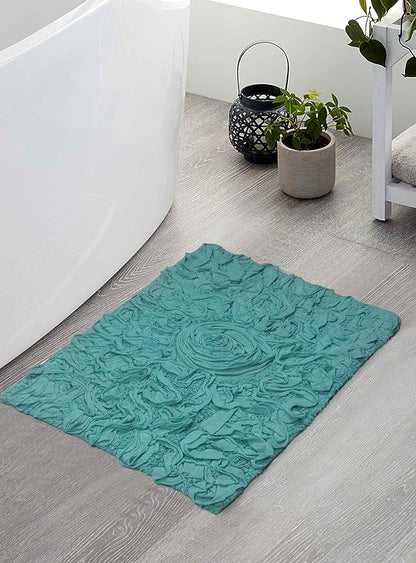 Home Weavers Bell Flower Collection 100% Cotton Tufted Bath Rugs, Extra Soft and Absorbent Bath Rugs, Non-Slip Bath Mats, Machine Washable, Bathroom Bath Mats for Floor, 17"x24" Rectangle, Turquoise