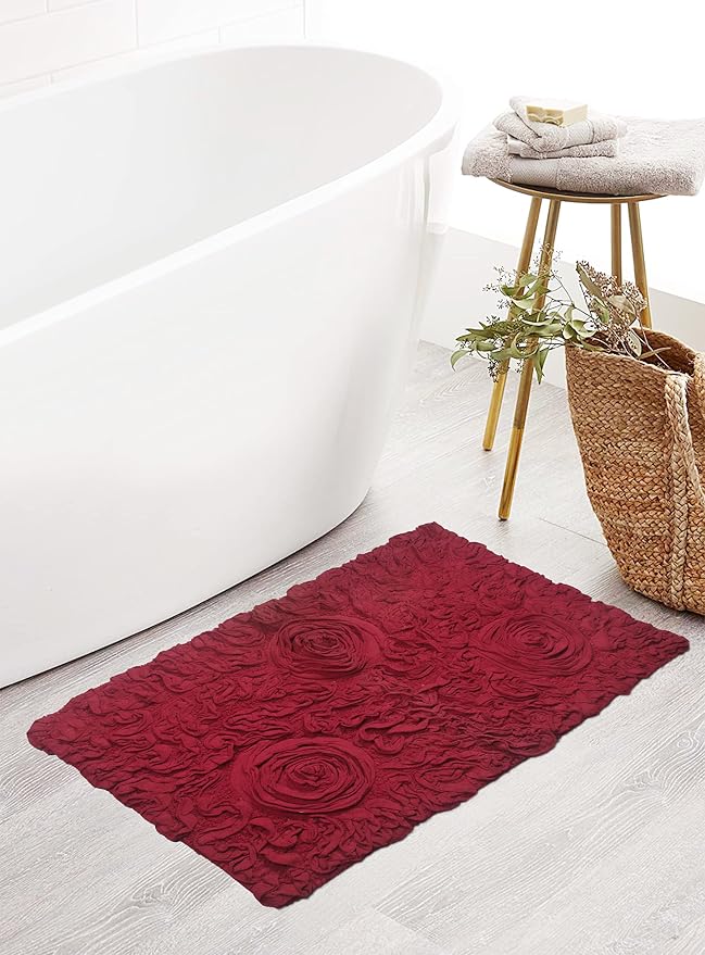 Home Weavers Bell Flower Collection 100% Cotton Tufted Bath Rugs, Extra Soft and Absorbent Bath Rugs, Non-Slip Bath Mats, Machine Washable, Bath Mats for Bathroom Floor and Tub, 21"x34" Rectangle, Red