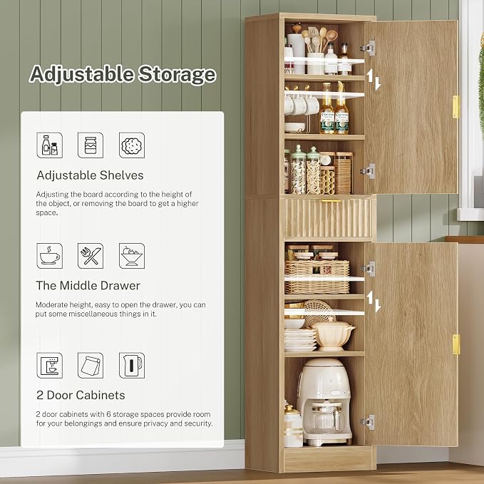 TEENFON 67″ Storage Cabinet with 1 Drawer and 2 Doors,Tall Bathroom Storage Cabinet with Adjustable Shelves, Rattan Fluted Cabinet for Bathroom, Living Room, Kitchen, Natural Oak