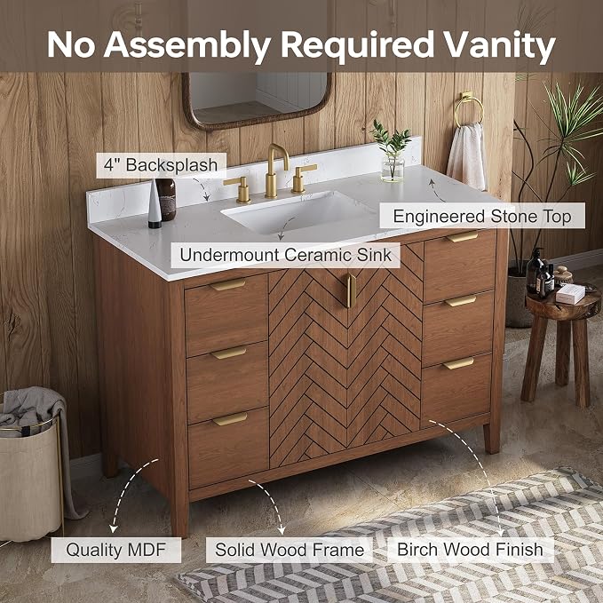 48" Walnut Bathroom Vanity with Sink, No Assembly Required | Solid Wood Bathroom Vanities with Soft Close Doors & Dovetail Drawers, Modern Bathroom Sink Cabinet, 0.78" Stone Top