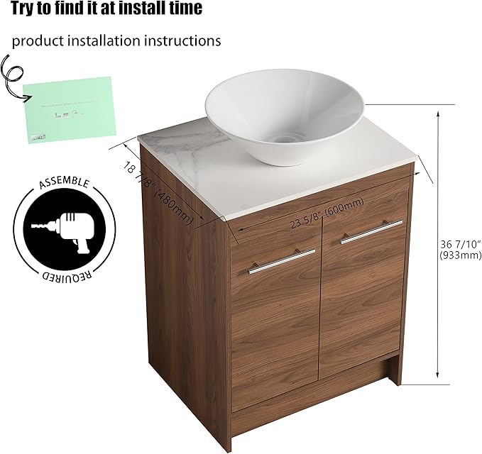 24" Bathroom Vanity, 24 Inch Freestanding Vanity with Ceramic Vessel Sink, Modern Single Sink Bathroom Vanity Combo, Brown Floor Standing Storage Cabinet Set(BRE217, 24 * 18)