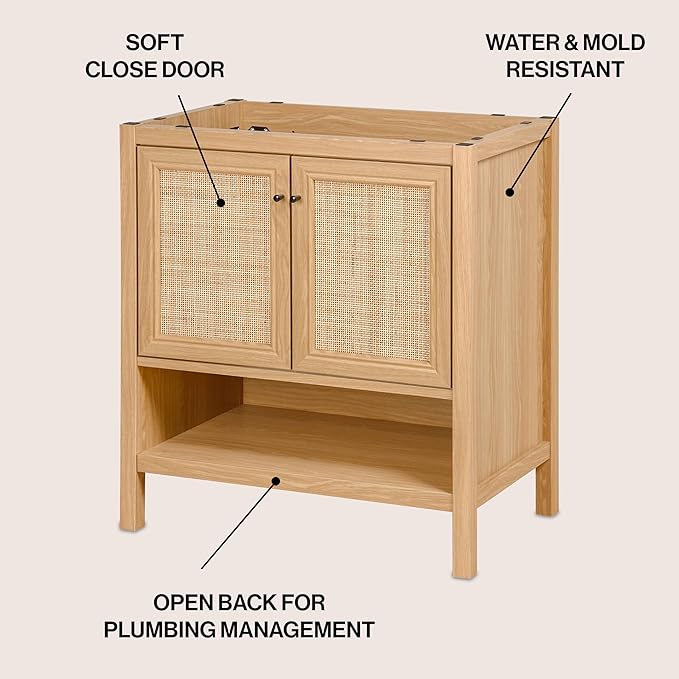 JONATHAN Y VAN1024A Jasper 30 in. W x 18 in. D x 33 in. H Rattan Modern Coastal 2-Shelf Bathroom Vanity Cabinet Only with Soft Closing Doors (Sink Basin Not Included), Oak