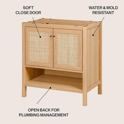 JONATHAN Y VAN1024A Jasper 30 in. W x 18 in. D x 33 in. H Rattan Modern Coastal 2-Shelf Bathroom Vanity Cabinet Only with Soft Closing Doors (Sink Basin Not Included), Oak