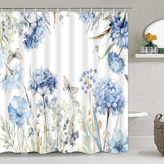 4-Piece Blue Floral Shower Curtain Butterfly Flowers Bathroom Set with Shower Curtain and Rugs, Blue White Bath Set with Hooks for Farmhouse Home Decor