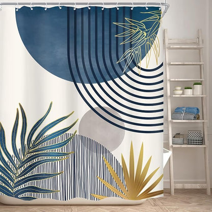 Mid Century Boho Abstract Modern Sun Minimalist Bathroom Shower Curtain Set | 60Wx72L Arch Curve design, waterproof HD print with fast-drying fabric and 12 hooks.