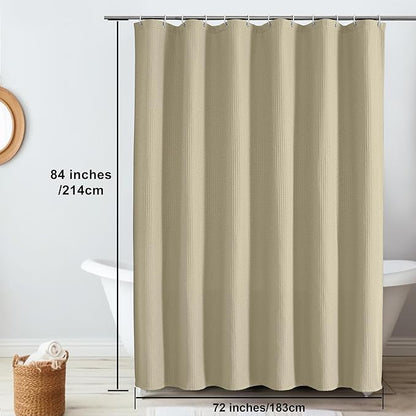 OVZME Extra Long Shower Curtain Set - 84 Inch Long Waffle Weave Heavy Duty Cloth Shower Curtain for Bathroom, Luxury Weighted 230GSM Bath Curtain Set with 12 Plastic Hooks, 72Wx84L, Taupe