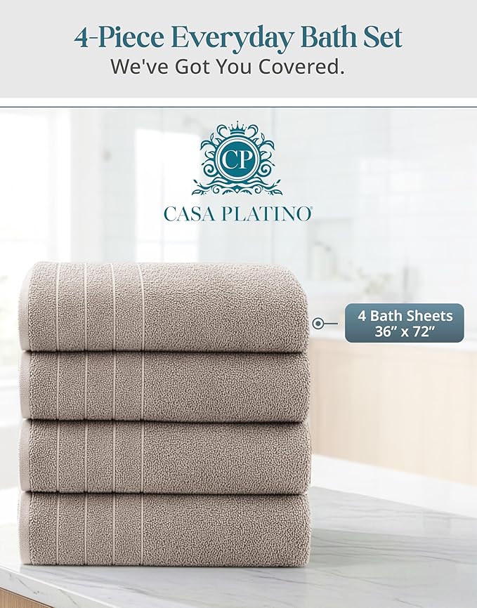 Casa Platino Bath Sheets 4 Pack (36"x 72"), 100% Ring Spun Cotton Bathroom Towels, Soft Absorbent Bath Sheet Sets, Quick Drying Towels - Platinum