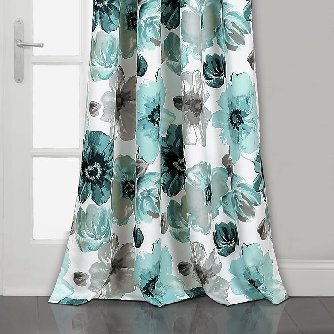 Lush Decor Leah Light Filtering Window Curtain Panels, Pair, 52" W x 95" L, Navy & White - Floral Drapes for Bedroom - Navy Curtains -Farmhouse Decor
