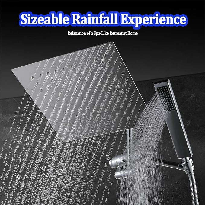 All Metal Rain Shower Head with Handheld Combo, YDmeet 10 Inch Rainfall Shower Head, Stainless Steel Hand Wand, 3 Setting Diverter, Adjustable Extension Arm w/Lock Joints, 71" Extra Long Hose, Chrome